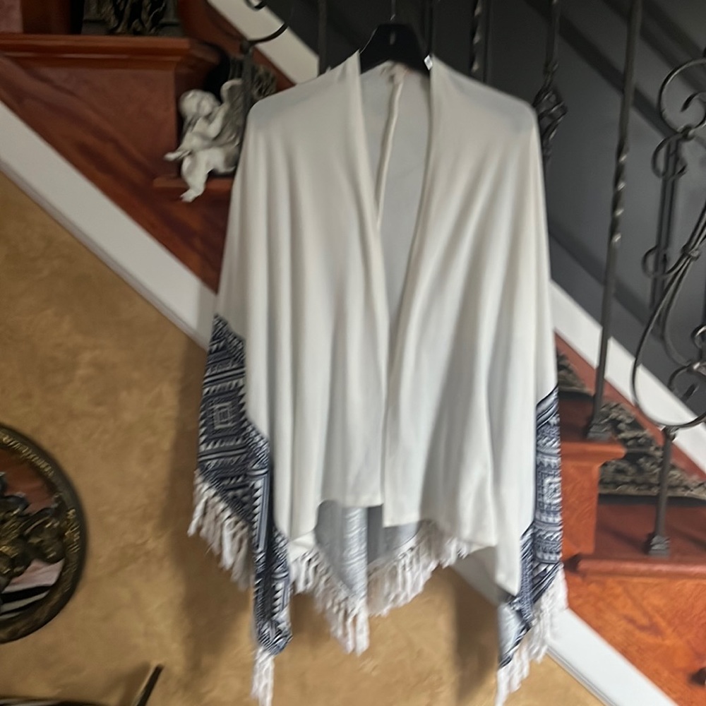 Women’s White Fringe Poncho With Aztec Design In Blue Along The Bottom S…